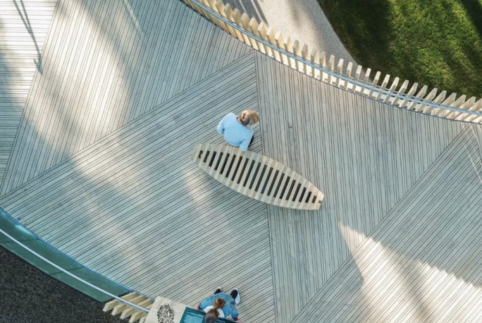 Curved wooden deck made from sustainable materials